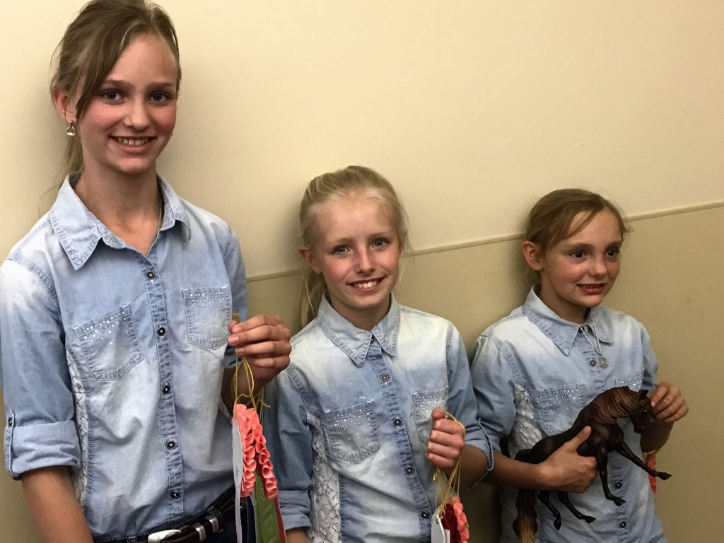 Three 4-H members stand holding their prize ribbons